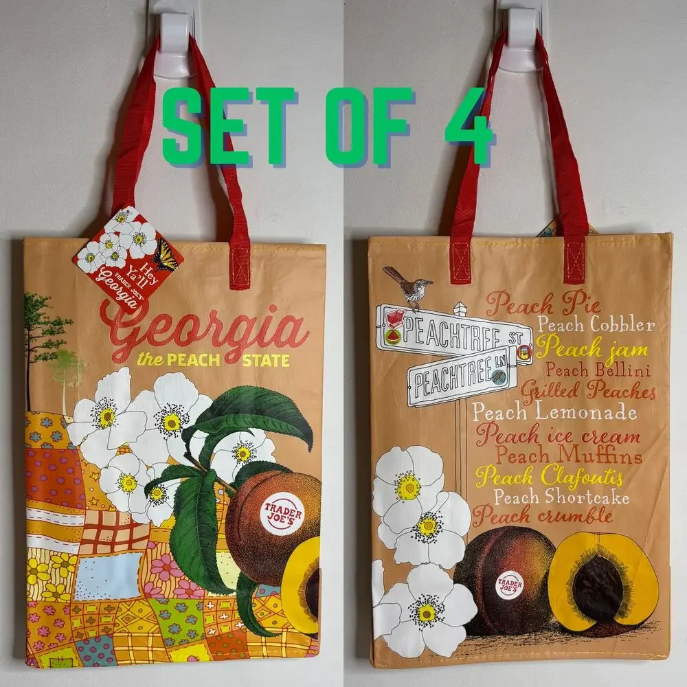 LOT 4x Trader Joe’s Georgia Peach State GA Stone Fruit Flower Tote Bag Reusable! - Picture 1 of 13